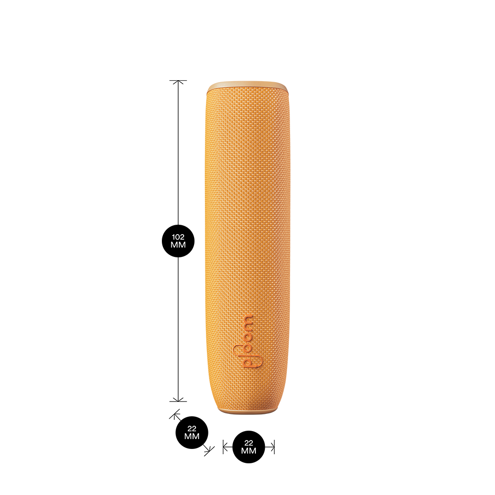 Ploom AURA device with a Mango Sorbet Back Cover shown with product dimensions: 10.2cm height x 2.2 cm width and 2.2 cm depth